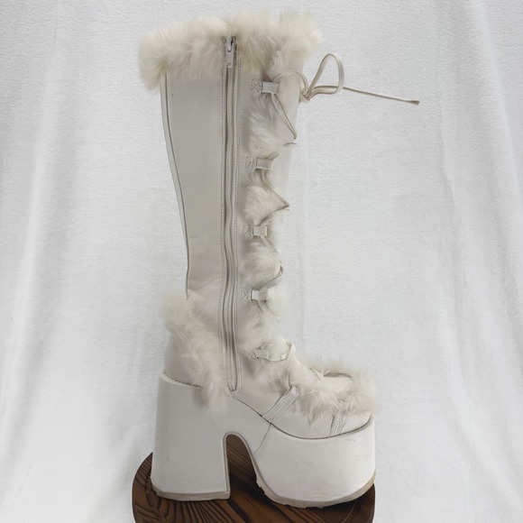 Demonia Camel - 311 Vegan Platform Boots Size 7 White Faux Fur Festival Rave - Picture 11 of 14